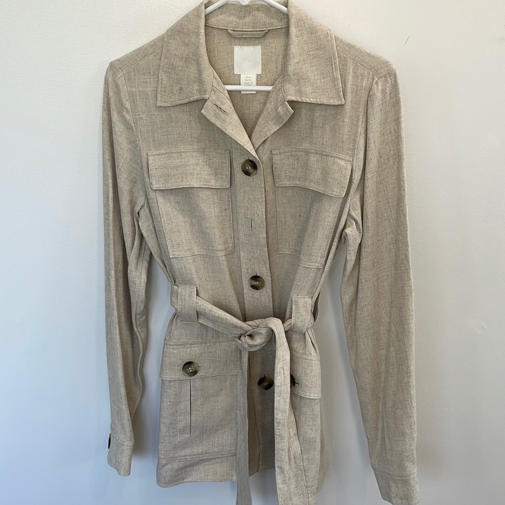 NWOT H & M linen blend oatmeal tan beige work career tie belt jacket. Size XS